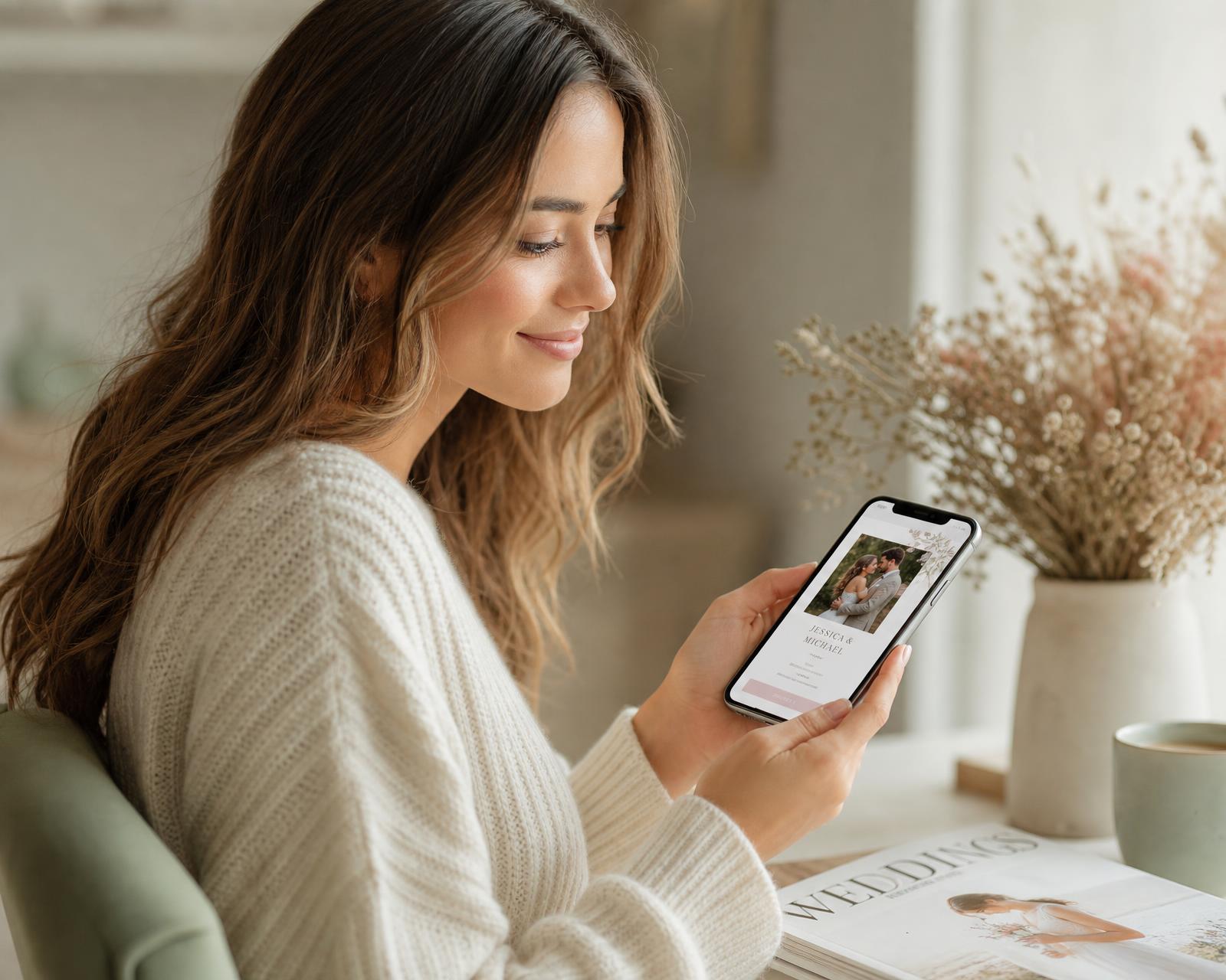 Woman using the Wedly wedding planning app on her phone